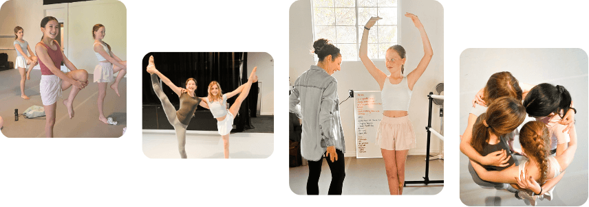 Community collage—dancers stretching, training together, and team huddle at 925 Dance Collective